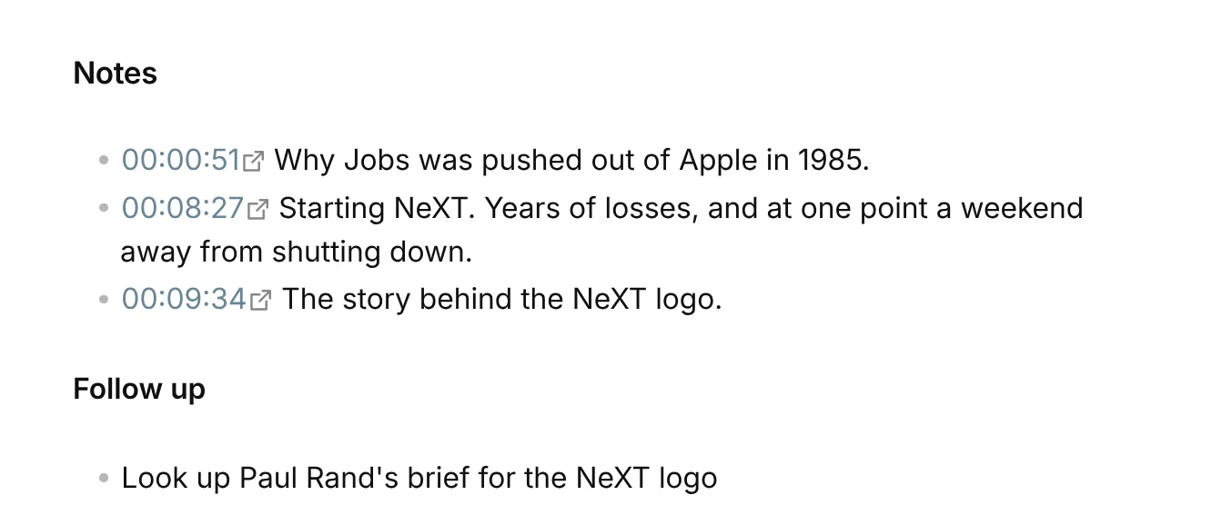 The Notes section of an episode note with three captured timestamp links, each followed by a note
